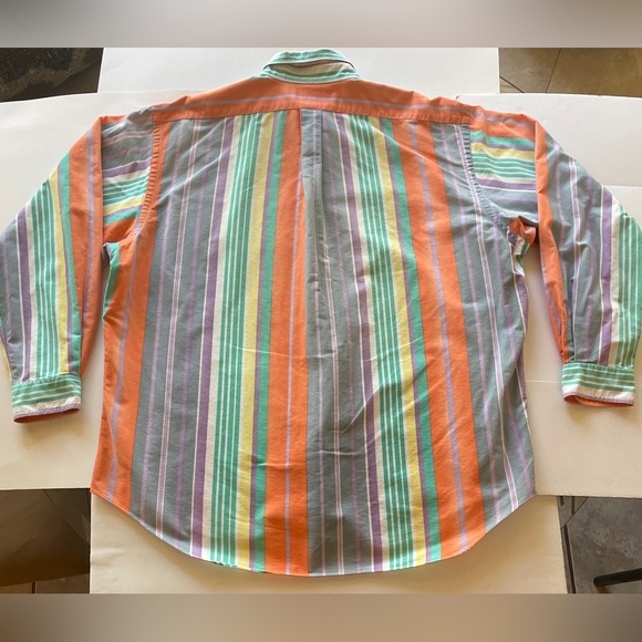 Vintage 80s Ralph Lauren Pastel Rainbow Stripe Cotton Long Sleeve Dress Shirt XL - Picture 8 of 16